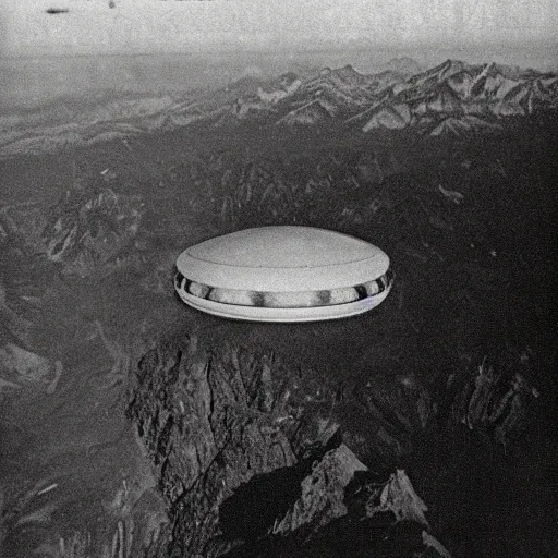 Prompt: a ufo seen on top of a mountain seen from an airplane, vintage photo, old, grainy, sepia