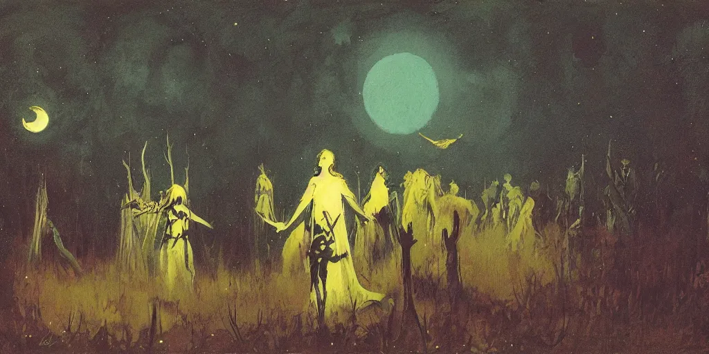 Image similar to forest mystical ceremony under the moon light, fireflies, ominous sky, by jeffrey catherine jones