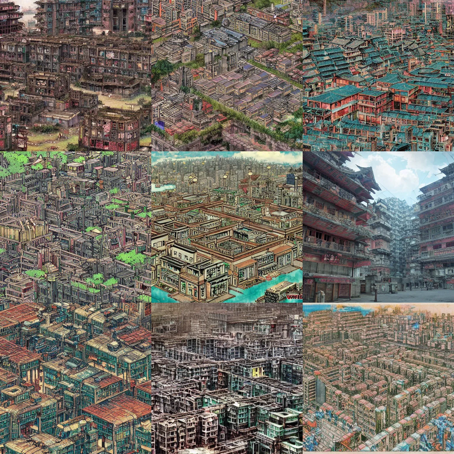 Prompt: an anime style kowloon walled city