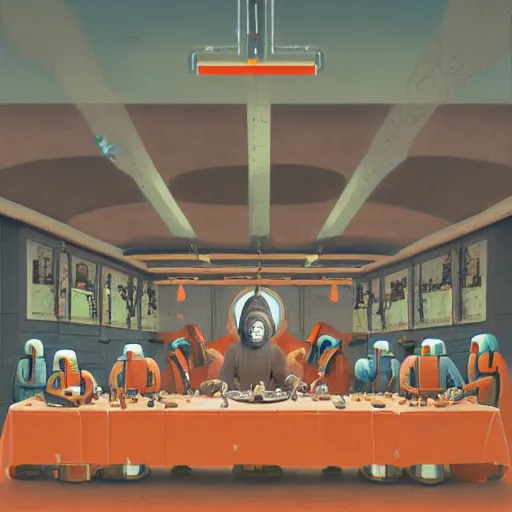 Prompt: the last supper with robots by simon stalenhag