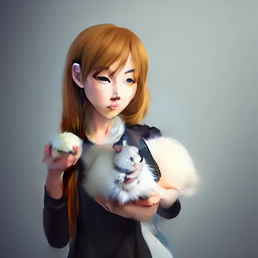 Image similar to Anime girl in a school, holding a hamster, concept art, ultra realism, photo realistic, cgsociety, octane render, artstationHD, artstationHQ, unreal engine, 4k, 8k