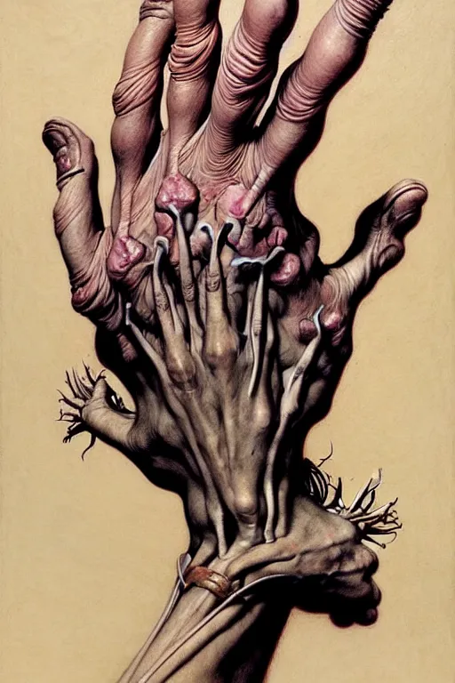 Prompt: human hand artists anatomy in the style of wayne barlowe, gustav moreau, goward, bussiere, roberto ferri, santiago caruso, luis ricardo falero, dali