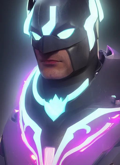 Image similar to glowwave portrait of dark batman from overwatch, au naturel, hyper detailed, digital art, trending in artstation, cinematic lighting, studio quality, smooth render, unreal engine 5 rendered, octane rendered, art style by klimt and nixeu and ian sprigger and wlop and krenz cushart.