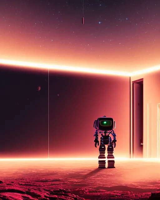 Image similar to a robot standing in front of a glowy open door that's on a barren moon, poster art by mike winkelmann, trending on cg society, space art, sci - fi, ue 5, futuristic, volumetric lighting, light casting onto the ground, neat composition and camera angle