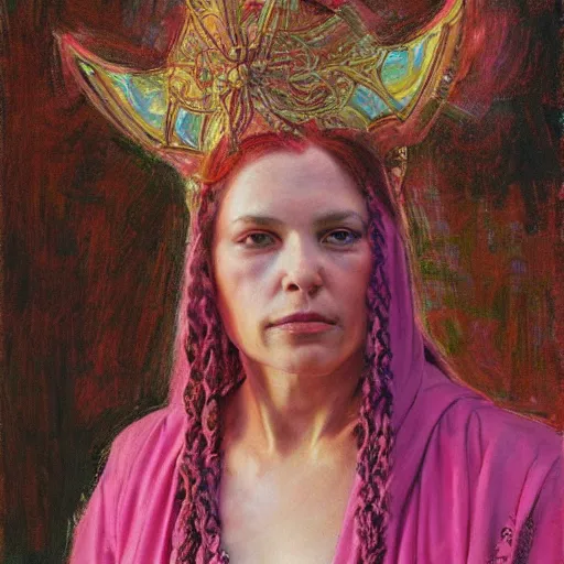 Prompt: frontal portrait of a priestess, wearing pink, by donato giancola.