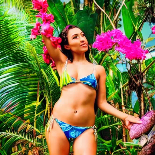 Prompt: photo of a beautiful lady, goddess in bikini in botany garden with tropical trees and flowers, colorful ara birds