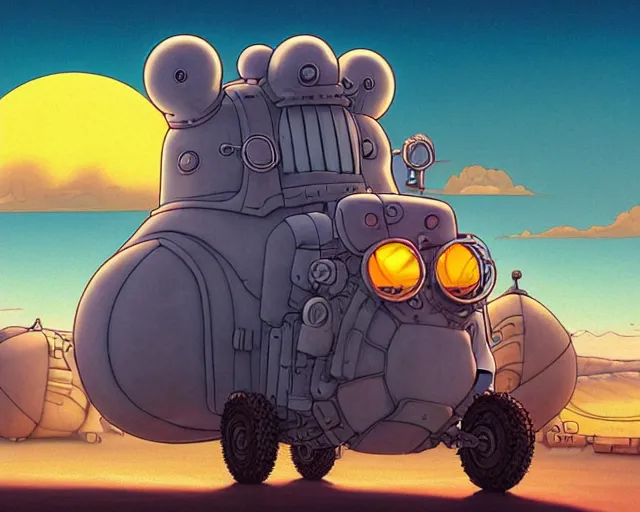 Image similar to a cell shaded cartoon giant grey lovecraftian mechanized caterpillar from howl's moving castle ( 2 0 0 4 ), with a big head, on a desert road, wide shot, sunset, golden hour, muted colors, post grunge, josan gonzales, wlop, by james jean, victor ngai, hq, deviantart, art by artgem