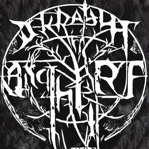 Image similar to black metal band logo, unreadable text, metal font, looks like a tree silhouette, horizontal