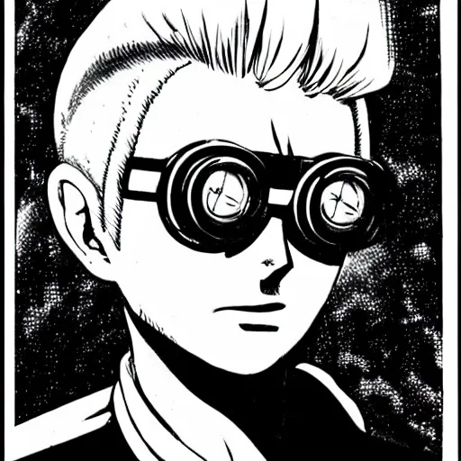 Image similar to manga, stoic heroic emotionless handsome butch blonde woman engineer in flight suit, victorian goggles, very short slicked - back hair, anxious and awkward, on the nostromo, alien 1 9 7 9, anime,
