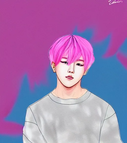Image similar to pink haired bts jimin, muted colors, colorful flowers, sunlight filtering through skin, illustrated by starember cfg _ scale 9
