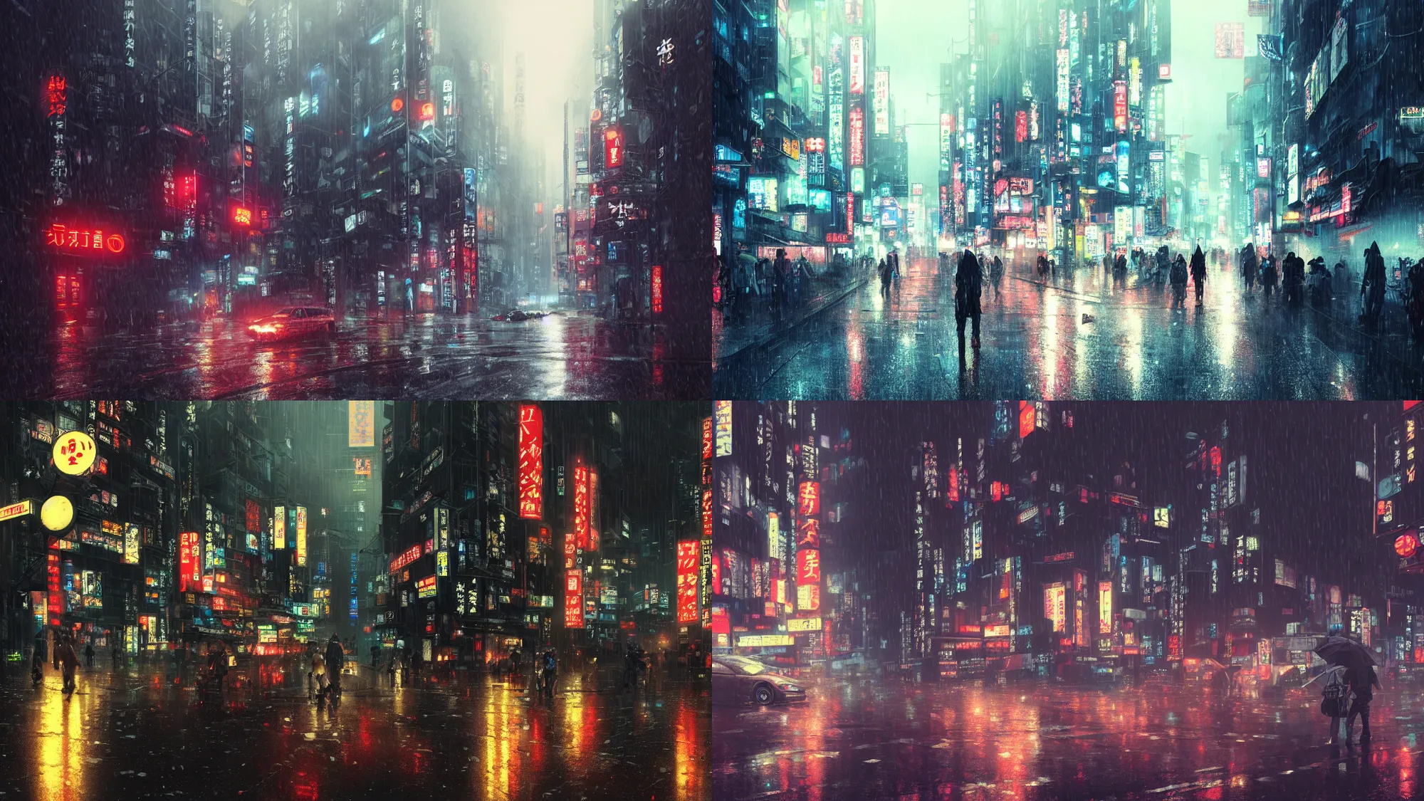 Prompt: Scene of a japanese cyberpunk city in the rain during midnight, heavy contrast, cozy wallpaper, 4k, high details, volumetric dynamic lighting, motion blur, bokeh, trending on Artstation, award-winning, art by Greg Rutkowski
