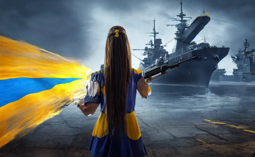 Prompt: view from behind of a girl in national clothes with blue and yellow stripes in her beautiful hair and a huge realistic gun in her hands standing against and facing a huge realistic Russian warship, and she is ready to fight, left side is blue and yellow flag, concept art, сinematic lighting, insanely detailed, smooth, sharp focus, Artstation, 8k, unreal engine, hyper realistic, steampunk style, bright background, moonlight, volumetric lighting, digital illustration by Ruan Jia and Mandy Jurgens and Artgerm and Wayne Barlowe and Greg Rutkowski and Zdislav Beksinski