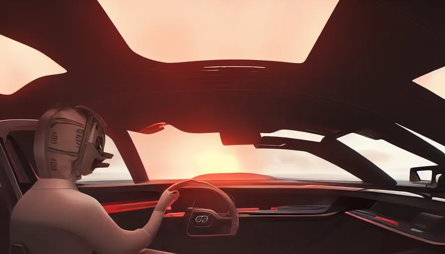 Image similar to interior of a futuristic audi a 3 in a futuristic florida, sunset, volumetric light, hyperdetailed, artstation, cgsociety, 8 k