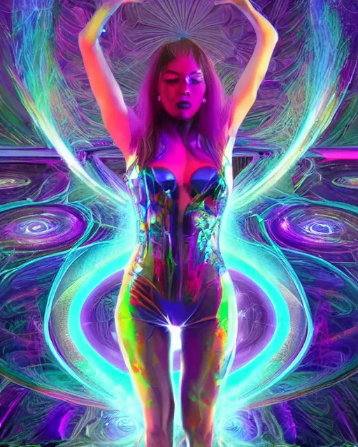 Image similar to a powerful energy psychedelic matrix woman, by alexander fedosav, hyper detailed digital matte painting, concept art, hyperrealism, 1 6 k resolution, cinema 4 d, 8 k resolution, trending on artstation, behance hd, a masterpiece, by stephan martiniere, particles, cel - shaded, power bright neon energy, by david a. hardy,