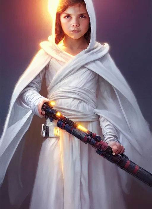 Image similar to perfectly - centered - portrait of a kid wearing white cloak holding light saber, intricate, highly detailed, digital painting, artstation, concept art, smooth, sharp focus, illustration, unreal engine 5, 8 k, art by artgerm and greg rutkowski and alphonse mucha