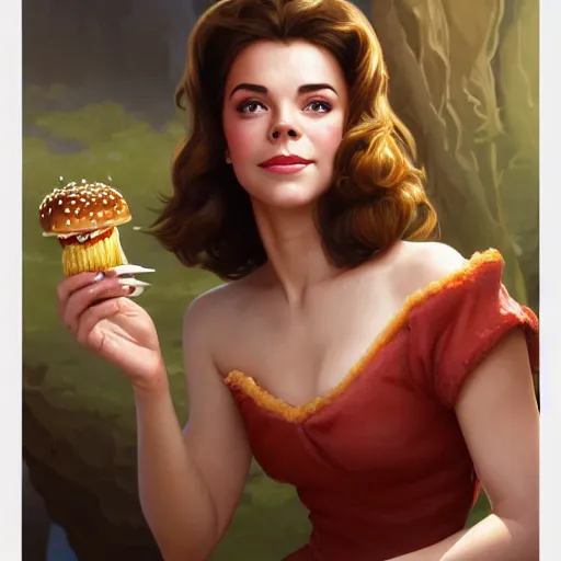 Image similar to portrait of natalie wood eating hamburgers, extra onions and ketchup, luscious patty with sesame seeds, feminine ethereal, handsome, d & d, fantasy, intricate, elegant, highly detailed, digital painting, artstation, concept art, matte, sharp focus, illustration, art by artgerm and greg rutkowski and alphonse mucha