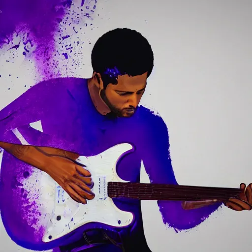 Image similar to dripping purple faded paint across the shape of a male human playing guitar, realistic, high detail, on a white damage background