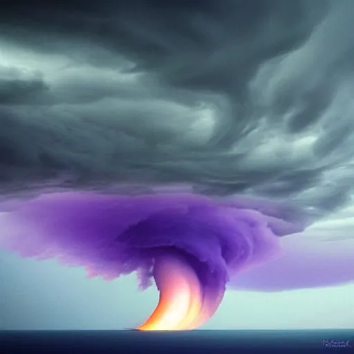 Image similar to amazing photo of purple clouds in the shape of a tornado, digital art, beautiful dramatic lighting