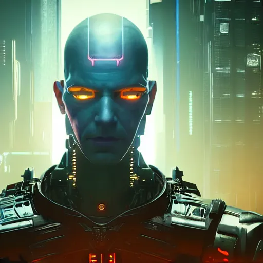 Prompt: front view, imposing, ominous portrait of cyborg Jeff Bezos as a cyberpunk 2077 loading screen, symmetry, front view, intricate, studio, art by anthony macbain + greg rutkowski + alphonse mucha, concept art, 4k, sharp focus