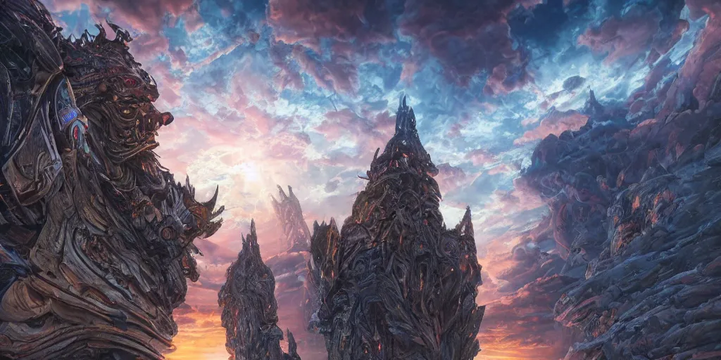 Prompt: hyperrealistic mixed media depiction of acroyear from the micronauts facing colossal stone temple with its top in a night sky crackling energy, upward angle, stunning 3d render inspired art by Michael Golden and Andreas Rocha and Johanna Rupprecht and Butch Guice + symmetry + natural volumetric lighting, 8k octane beautifully detailed render, post-processing, extremely hyperdetailed, intricate complexity, epic composition, mystical foreboding atmosphere, cinematic lighting + masterpiece, trending on artstation