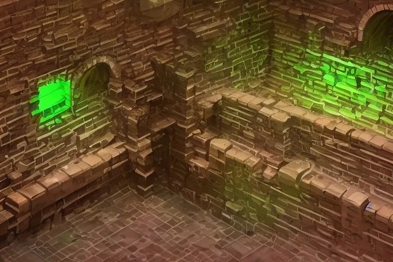 Prompt: Concept design of a stylized sewers tunnel, channel flowing through the center, underground, the tunnel walls are made of bricks, interlacing paths, brass pipes on the walls, a slight green glow emanates from the water, intricate details, Artstation