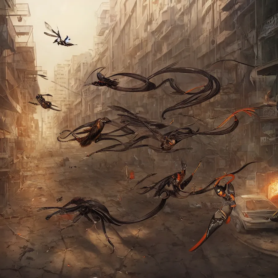 Image similar to the battle between the myna bird and the scolopendra, on the streets of the white city in tel aviv, apocalyptic setting, bokeh, cinematic lighting, sharp focus, character art, illustration, digital art painting, trending on artstation, by masamune shirow, by greg rutkowski