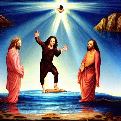 Image similar to tommy wiseau walking on water with jesus, biblical, oil painting, sunny, beautiful