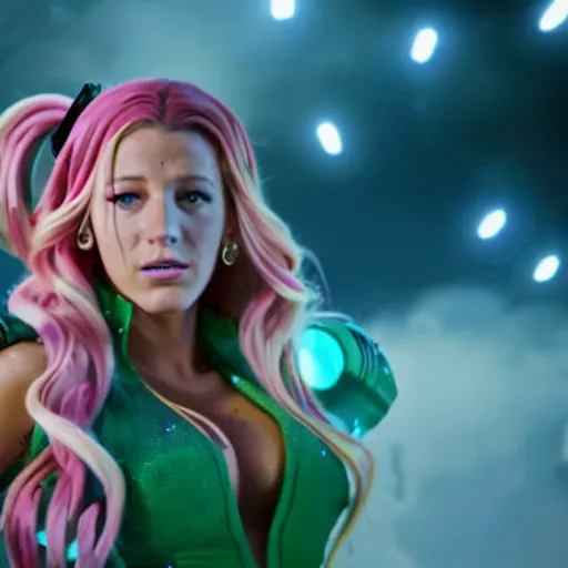 Prompt: cinematic scene with blake lively as jolyne from jojo's bizarre adventure, live action film, stone ocean, dramatic, small details, volumetric lighting, still frame