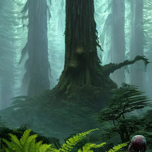 Prompt: alien undergrowth overwhelming a redwood forest, ferns and waterfalls shadow of the colossus screenshot by j. c. leyendecker, simon stalenhag, studio ghibli, barlowe, audobon and beksinski