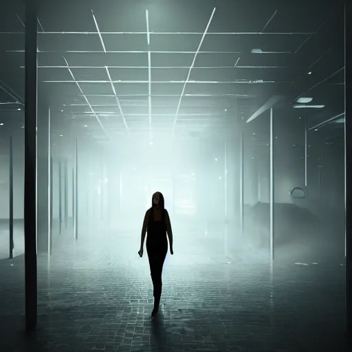 Image similar to woman holding a flashlight running through a closed ikea interior, cinematic lighting, furniture, store interior, night, terrifying, landscape, fog, artstation