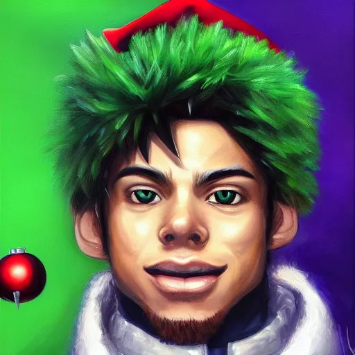 Image similar to an oil painting of a izuku midoriya wearing a hip - hop rap christmas hat, by artgerm, hd, hdr, ue 5, ue 6, unreal engine 5, realistic anime 3 d style, cinematic 4 k wallpaper, 8 k, ultra detailed, gta cover art, high resolution, artstation, award winning