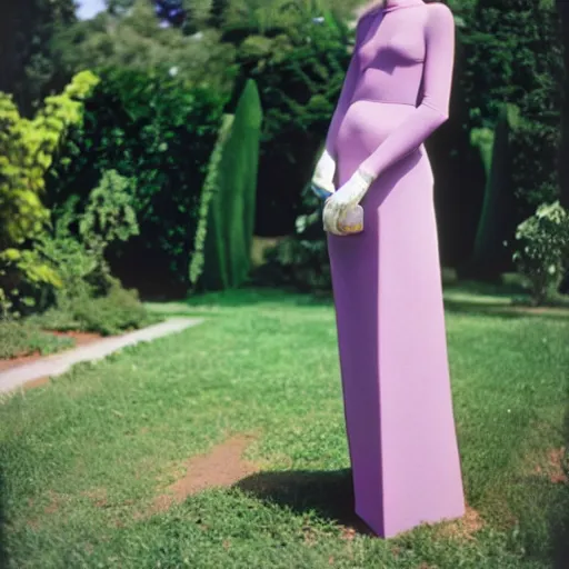 Image similar to sigma 8 5 mm f / 1. 4, monumental pale violet by slim aarons. a performance art of a young woman holding an orange