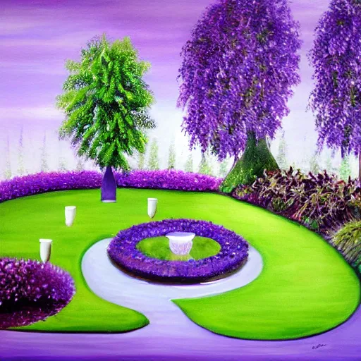 Prompt: tranquil painting of purple garden with green trees and a water fountain in the middle of garden, detailed, 8k, mesmerizing