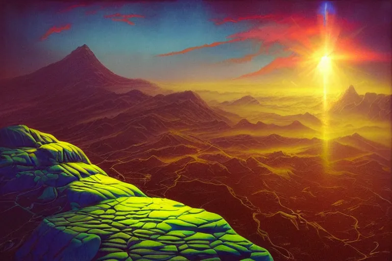 Prompt: despair peak, art by david a. hardy, trending on artstation, iridescent cool blue and cyan and red and blue and yellow and green lighting isometric view steampunk, optical illusion, expressionism, macro, hudson river school