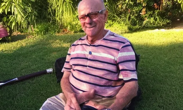 Image similar to My dad Steven just took a hit from the bongo and have good time being gracefully relaxed in the garden, sunset lighting. My second name is Carell. My dad second name is Carell