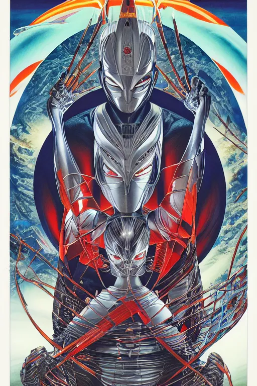 Image similar to posterof ultraman, symmetrical, by yoichi hatakenaka, masamune shirow, josan gonzales and dan mumford, deayami kojima, takato yamamoto, barclay shaw, karol bak, yukito kishiro