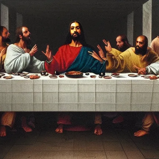 Image similar to kanye west replaces jesus christ in the last supper painting