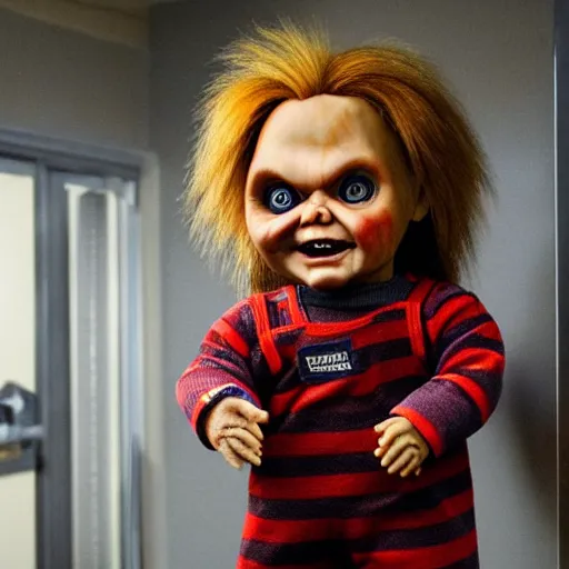 Prompt: chucky the killer doll standing in a dimly lit hospital