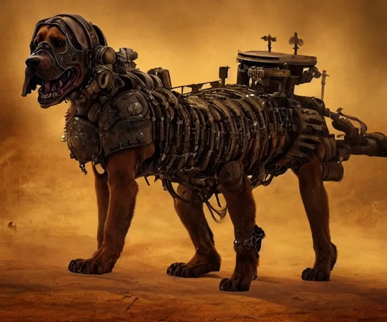 Image similar to a good ol'bloodhound dog fursona ( from the furry fandom ), heavily armed and armored facing down armageddon in a dark and gritty version from the makers of mad max : fury road. witness me.