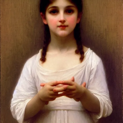 Prompt: portrait of innocence by william bouguereau, oil on canvas, 1 8 9 0