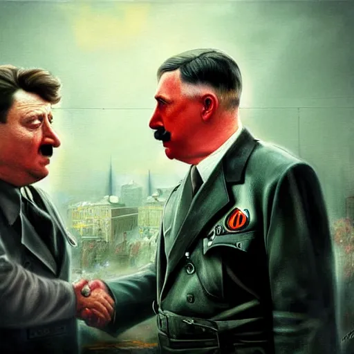 Image similar to hyperrealistic mixed media high resolution painting of James Franco disguised as Adolf Hitler shaking hands with John Goodman, stunning 3d render inspired art by István Sándorfi and Greg Rutkowski and Unreal Engine, perfect facial symmetry, dim volumetric lighting, 8k octane beautifully detailed render, full body shot, post-processing, extremely hyper-detailed, intricate, epic composition, highly detailed attributes, highly detailed atmosphere, cinematic lighting, masterpiece, trending on artstation, very very detailed, masterpiece, stunning, flawless structure, lifelike texture, perfection,