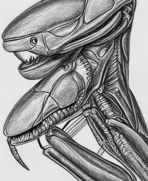 Image similar to a pencil drawing portrait of a cyborg praying mantis facing the camera