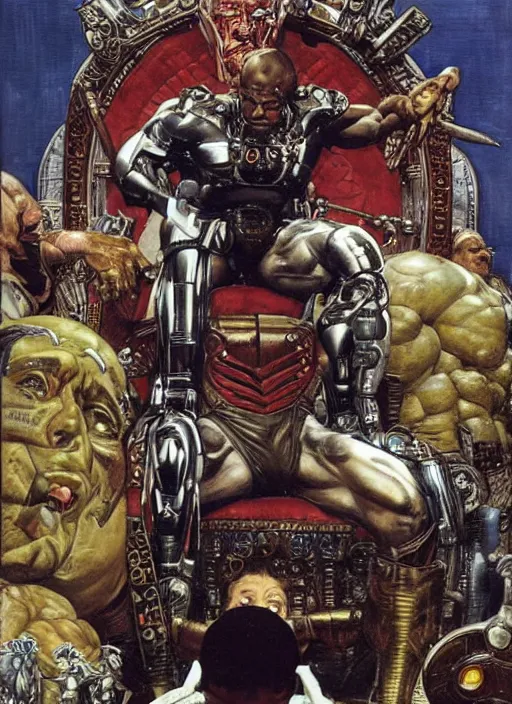 Image similar to portrait of ronnie coleman as cyborg super villain sitting on throne, by lawrence alma tadema and rick berry and norman rockwell and greg staples and jack kirby