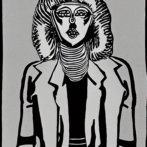 Prompt: claude cahun on rupaul's drag race in linocut print style