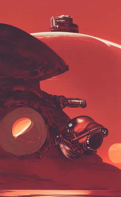 Image similar to detailed artwork by syd mead of an astronaut in a red alien ocean, drowning, high noon, red water under alien burning sun, 4k octane render, by syd mead