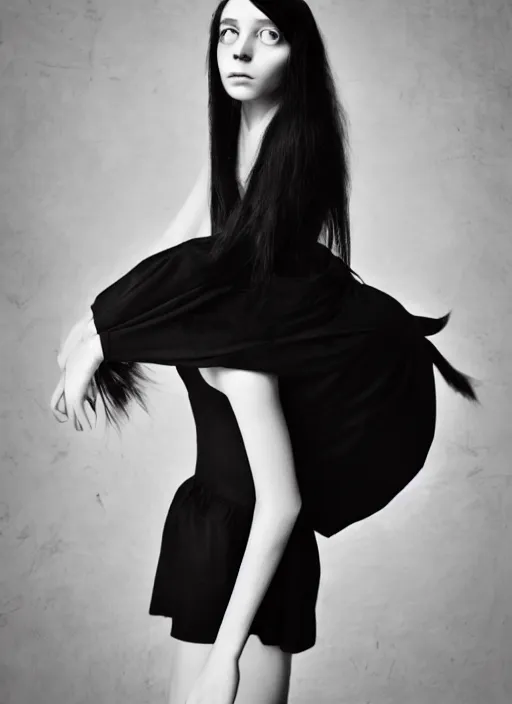 Image similar to a 1 4 year old girl with straight long black hair wearing black dress, photo by michal karcz and monia merlo