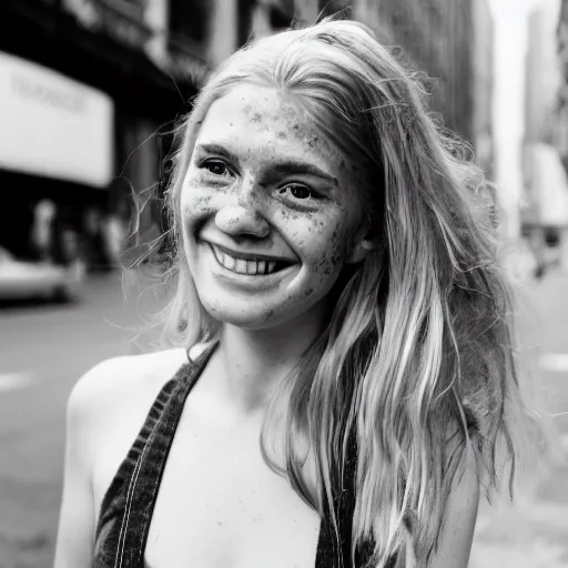 Image similar to Portrait photograph of a Strawberry-Blonde Girl, Young Beautiful Face, Green Eyes, Freckles, Wearing a white crop-top and jeans, with a subtle smile, Humans of New York Style, Leica Camera 50mm lens, street photography, grainy film photo