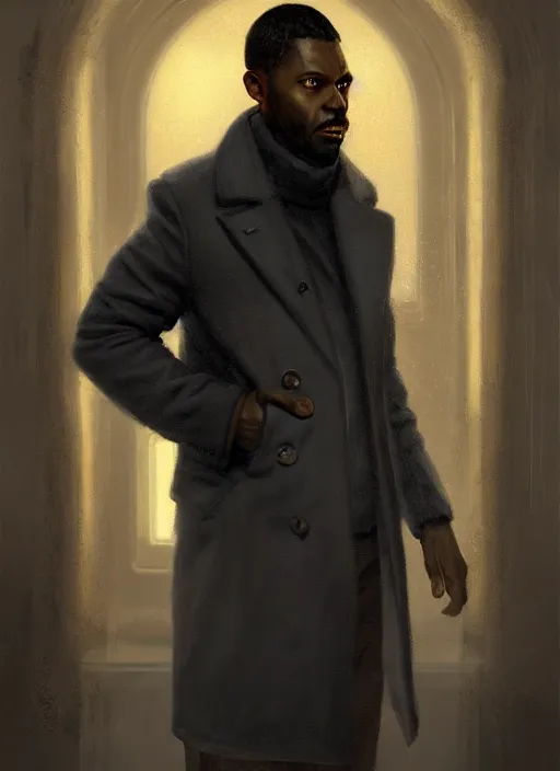 Image similar to portrait of handsome black man wearing grey peacoat, baroque lightbulb idea, middle aged and fit, elegant atmosphere, glowing lights, highly detailed, digital painting, artstation, concept art, smooth, sharp focus, illustration, art by wlop, mars ravelo and greg rutkowski