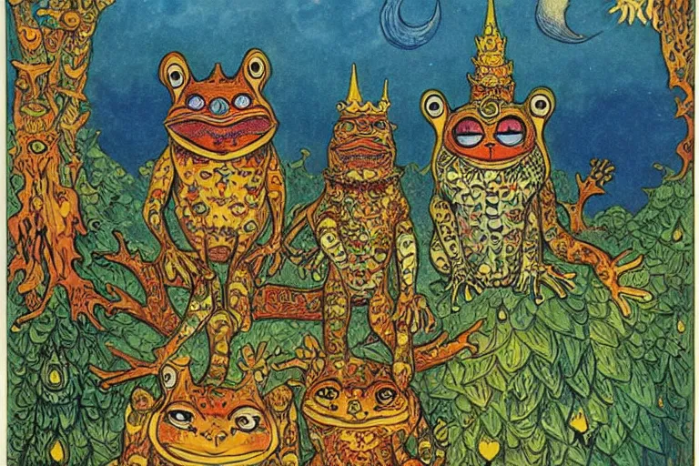 Prompt: a fantasy illustration, Castle of the frog king on Endor by Louis Wain (1920)