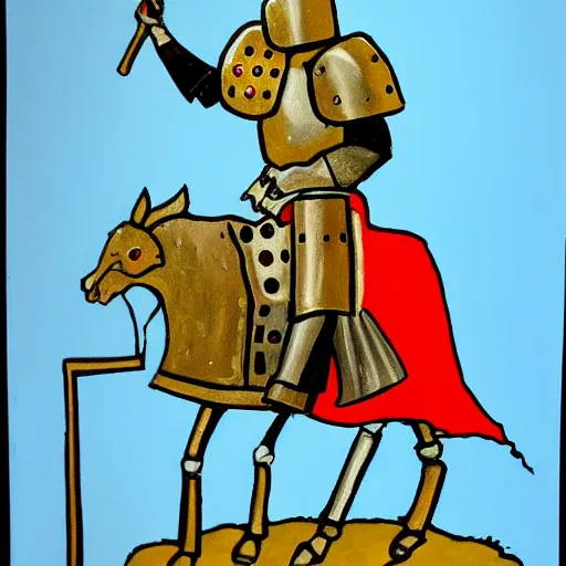 Image similar to one - armed medieval armored knight with bucket on his head, painting